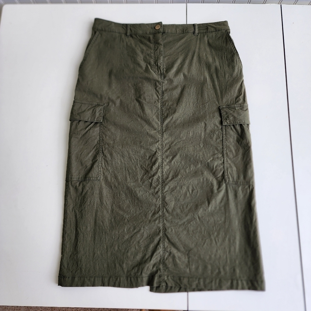 Nicole Miller Skirt Womens Green Cargo Midi Front Zip Cotton Blend Pockets Sz 10